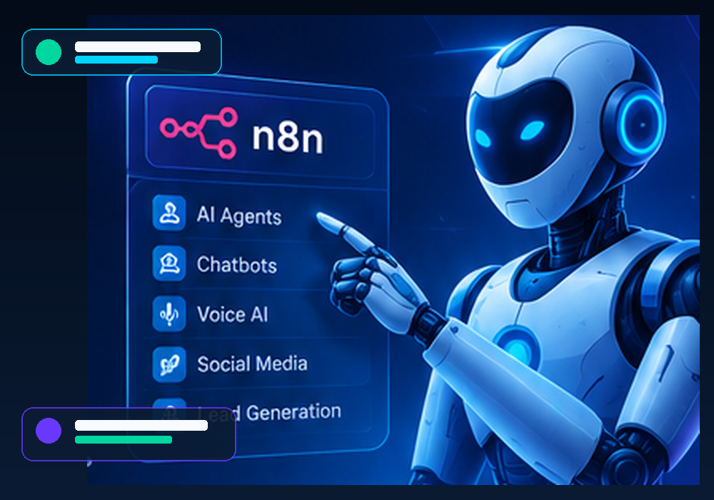 AI Robot interacting with n8n workflow panel