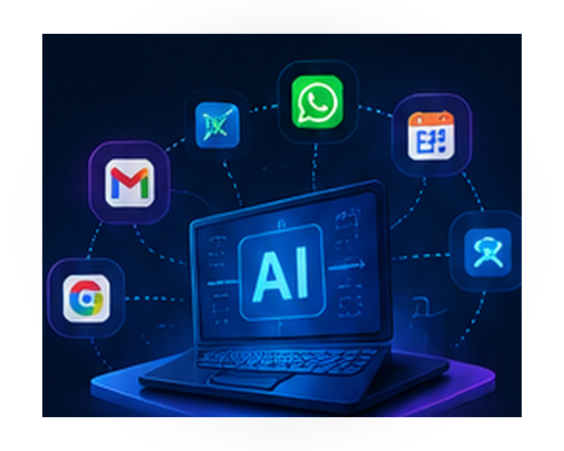 AI-powered laptop connecting WhatsApp, Gmail, Calendar, and CRM integrations